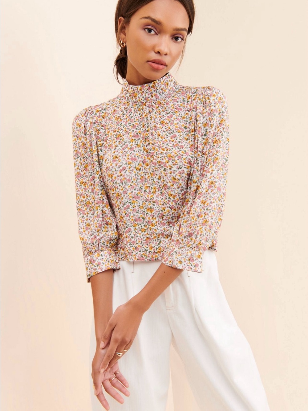 ROLLA'S Pink Multi Floral High-Neck Puff Sleeve Blouse